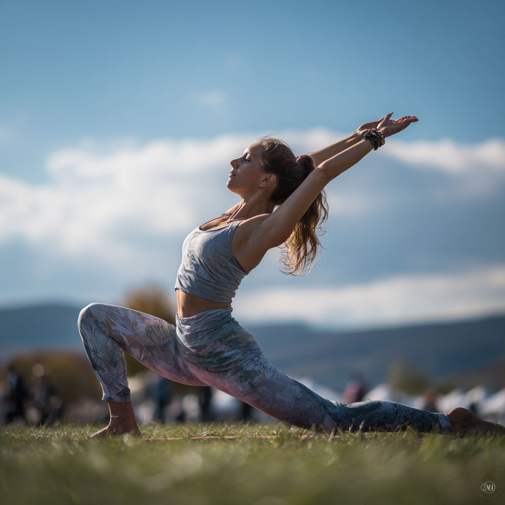 Mosolygós magyar felnőtt nő gyakorolja a jógát természetes környezetben, békés arckifejezéssel
